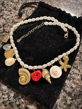 Pearl Beaded Shell Charm Necklace with Red Heart Accent